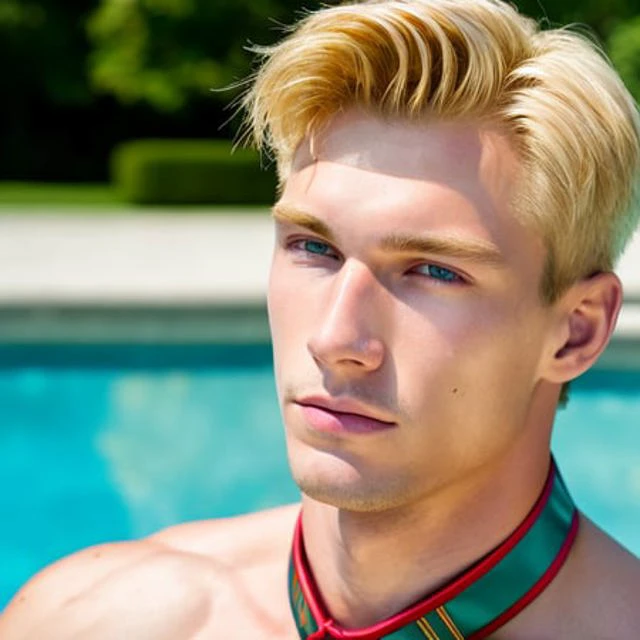 attractive 21 years old man, blonde, sitting next to a pool, mansion, sweating, wears a dog collar, no shirt, pale skin, light from front, close-up, medium length hair, shy,
 Masterpiece, best quality, perfect anatomy, high quality, highly detailed, extremely detailed cgi unity 8k wallpaper, high resolution illustration, highres, absurdres, intricate detail, male focus, 
analog style, film grains, close-up, no wrinkle,