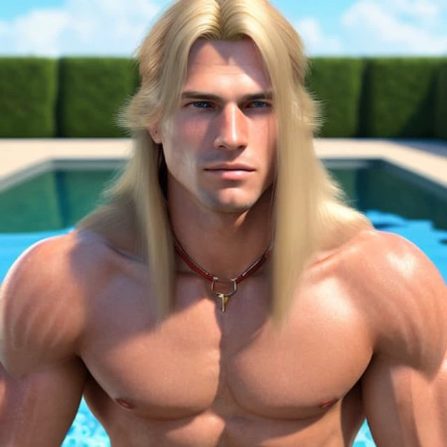 attractive 21 years old man, blonde, sitting next to a pool, mansion, sweating, wears a dog collar, no shirt, pale skin, light from front, close-up, (long length hair:1.5), shy,
 Masterpiece, best quality, perfect anatomy, high quality, highly detailed, extremely detailed cgi unity 8k wallpaper, high resolution illustration, highres, absurdres, intricate detail, male focus, 
analog style, film grains, close-up, no wrinkle, unreal engine, 3d render, octane render