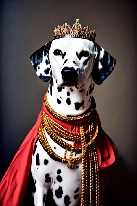 <lora:LCM_LoRA_Weights_SD15:1>dalmatian, photo realistic, <lora:yomama_royal_animals-10:0.8> yomama_royal_animals, (royal clothing/military uniform), necklace, cape, crown, staff, gold jewelry