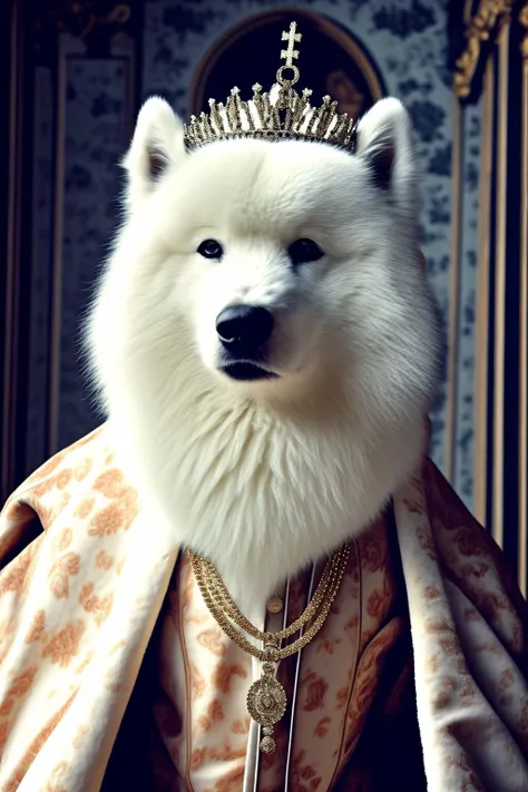 <lora:LCM_LoRA_Weights_SD15:1>samoyed dog, photo realistic, <lora:yomama_royal_animals-10:0.8> yomama_royal_animals, (royal clothing/military uniform), necklace, cape, crown, staff