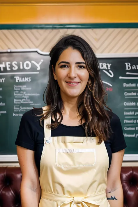 a realistic photograph of beautiful (D4rcy:1.1) woman as a waitress,standing in an ice cream parlor,wearing a yellow apron,holding a tray with milkshake,with a blackboard menu behind her,facing viewer,sexy expression on face,photorealistic,natural lighting,sony a7,35mm,hyperrealistic,hyperdetailed,hyperrealistic,(ambient light),PA7_Portrait-MS,<lora:D4rcy_02A-000004:1.1>,