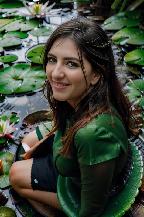 a realistic photograph of beautiful (D4rcy:1.1) woman as a (winged forest fairy:1.2),(sitting on a lily pad:1.4),smiling,light,elemental magic,righteous,(dappled sunlight:0.7),complimentary colors,particle dust,green embers,(vegetation),plants,(no humans:1.5),hourglass figure,detailed texture,intricate,detailed,looking_at_viewer,highres,absurdres,hyper realistic,HDR UDH 8K wallpaper,PA7_Portrait-MCU,<lora:D4rcy_02A-000004:1.1>,
