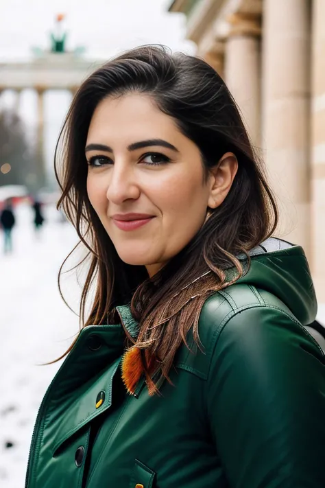 a realistic photograph of beautiful (D4rcy:1.1) woman as a beautiful tourist in a dark green parka standing in the snow near the brandenburg gate in berlin,dark night,light flurries,taken with Nikon D850,Nikon AF-S 85mm f/1.4G lens,photo realistic,bokeh,IMAX,(highly detailed),(Award winning),(Masterpiece),(HDR),(8k wallpaper),colorful,vivid color,intricately detailed,looking_at_viewer,highres,absurdres,hyper realistic,UDH,depth_of_field,PA7_Portrait-MS,<lora:D4rcy_02A-000004:1.1>,