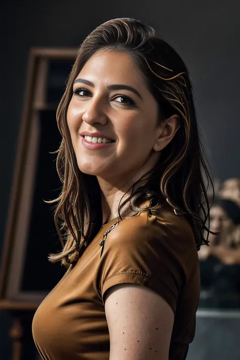 a realistic photograph of beautiful (D4rcy:1.1) woman as a famous artist,(carving a sculpture:1.3),wearing a tan shirt and black cargo pants,in an art studio,looking at viewer,smiling,as seen in vanity fair magazine,photorealistic,flash photography,film grain,sharp focus,(masterpiece,best quality,ultra detailed,highres,absurdres:1.2),hdr uhd,8k wallpaper,nikon d800,PA7_Portrait-MS,<lora:D4rcy_02A-000004:1.1>,