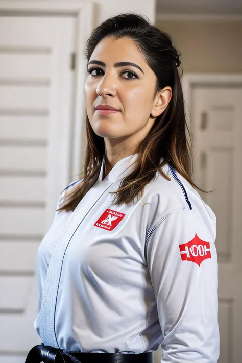 a realistic photograph of beautiful (D4rcy:1.1) woman,as a taekwondo master, wearing a (white dobok taekwondo uniform) with (black belt),standing in a dojo,perfectly balanced body,every move is precise and powerful,action pose,1girl,facing viewer,serious expression on face,photorealistic,volumetric lighting,cinematic lighting,indoor,sony a7,35mm,hyperrealistic,big depth of field,concept art,colors,hyperdetailed,hyperrealistic,(big depth of field),(golden hour),(ambient light),PA7_Portrait-MCU,<lora:D4rcy_02A-000004:1.1>,
