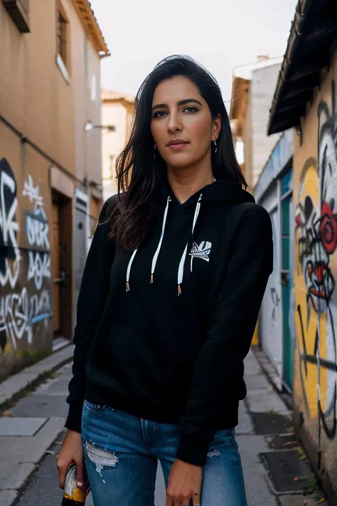 a digital photograph of beautiful (D4rcy:1.1) woman,as a beautiful skater grrl,1girl,wearing a (black hoodie:1.3) and (tuscany yellow cutoffs:1,1),holding a can of brawndo thirst mutilator sports drink,standing against a wall with (graffiti art by Banksy:1.2),in a narrow cobblestone alleyway,skateboard,(dark brown lipstick,makeup and eyeshadow:1.1),(low angle),fashion magazine photoshoot,as seen in (vogue magazine),sharp focus,detailed eyes,(highly detailed),(HDR),(8k wallpaper),colorful,vivid color,intricately detailed,highres,absurdres,hyper realistic,8K UHD DSLR,Fujifilm XT3,taken with (Canon EOS 1Ds camera),extremely intricate,dramatic,(looking at viewer),4k textures,elegant,(cinematic look),hyperdetailed,cyberpunk style,PA7_Portrait-MS,<lora:D4rcy_02A-000004:1.1>,