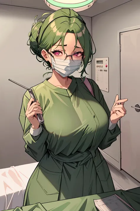 ((masterpiece, best quality, high quality)),1girl,<lora:infirmary_v0.1:0.5> (infirmary), <lora:Camilla Kloudiam:0.7> (camilla kloudiam, ocg:0001, 1girl, green hair, glasses, pink eyes, freckles, single hair bun, large breasts, mature female), <lora:ConceptClothingSurgicalOutfit0_1:1> (surgical outfit, surgical mask),