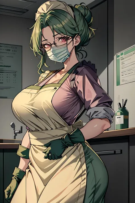((masterpiece, best quality, high quality)),1girl,<lora:infirmary_v0.1:0.5> (infirmary),  <lora:Camilla Kloudiam:0.7> (camilla kloudiam, ocg:0001, 1girl, green hair, glasses, pink eyes, freckles, single hair bun, large breasts, mature female), <lora:0- CL - Doctor Apron:0.8> (doctor_apron, apron, mask, gloves, surgical mask,scrubs),