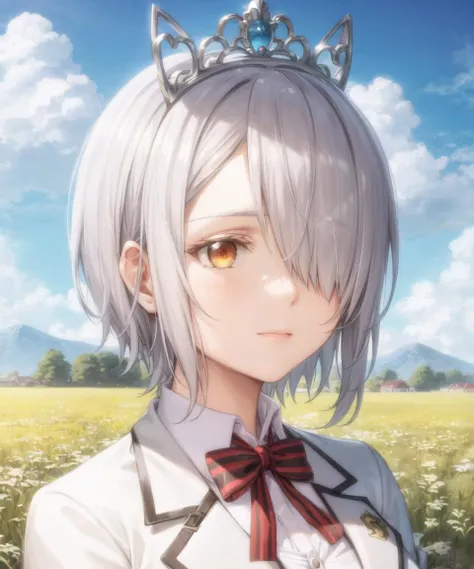 masterpiece, best quality, <lora:CharWestia768V1:0.7>, 1girl, charwestia, short hair, white hair, hair over one eye, white school uniform, collared jacket, collared shirt, red bowtie, yellow eyes, portrait, sky, cloud, field, grass, tiara