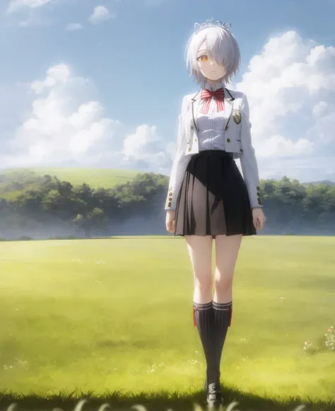 masterpiece, best quality, <lora:CharWestia768V1:0.7>, 1girl, charwestia, short hair, white hair, hair over one eye, white school uniform, collared jacket, collared shirt, red bowtie, yellow eyes, portrait, sky, cloud, field, grass, tiara, full body, black kneehighs, standing, striped socks, vertical stripes