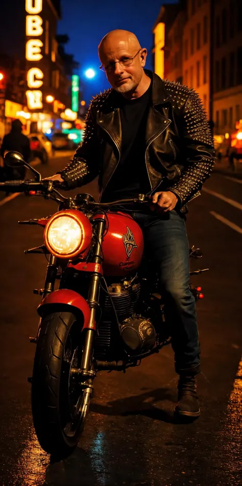 photo of goblin riding a flaming motorcycle, wearing spiked leather jacket and jeans, stompers bots, modern city at night, Saints Petersburg, <lora:Goblin:0.9>, masterpiece, best quality, best shadow, shading, very detailed, best composition, award-winning photography