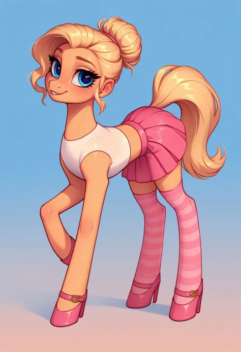 score_9, score_8_up, score_7_up, 1girl, beautiful blonde girl, blue eyes, long pony tail hairstyle, white crop top, pink skirt, striped pink socks, pink heels, pastel colors, flirting eyes