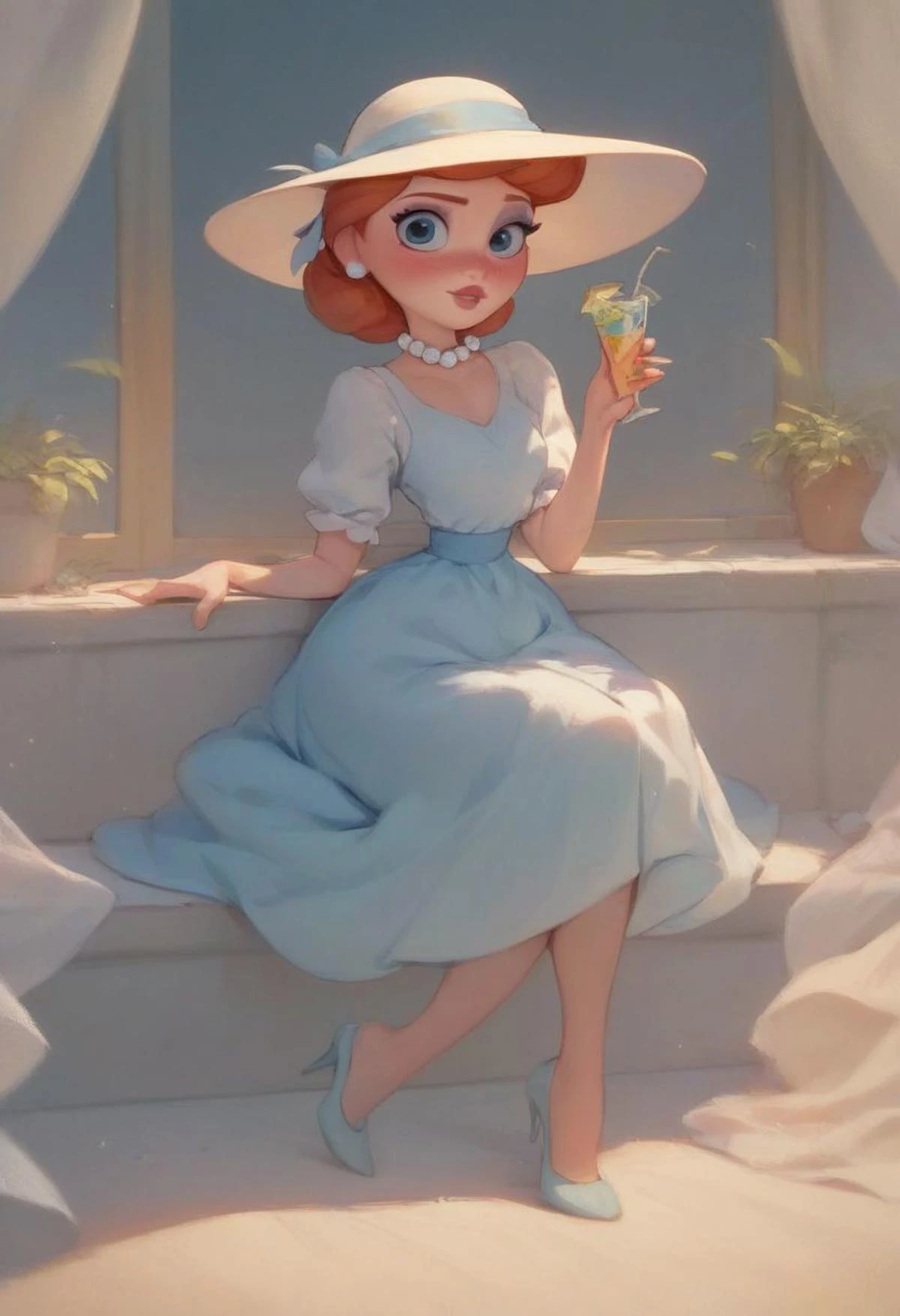 score_9, score_8_up, score_7_up,
disney pixar style hispanic girl in (fashionable hat:0.95), (blush lips:0.8), strappy heels, long sleeved lacy sundress, pearl choker, enjoying a drink sitting on Parisian bistro patio,
ultra high detail, dramatic lighting,