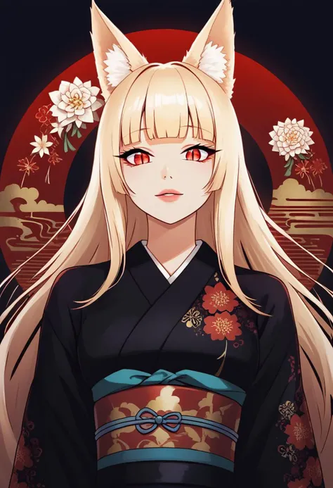 1girl,solo,long hair,animal ears,japanese clothes,kimono,red eyes,blonde hair,black kimono,obi,sash,fox ears,upper body,(floral print),bangs,blunt bangs,black background,gold_theme,masterpiece,best quality,slit_pupils,red theme,flower,silhouette,red moon,