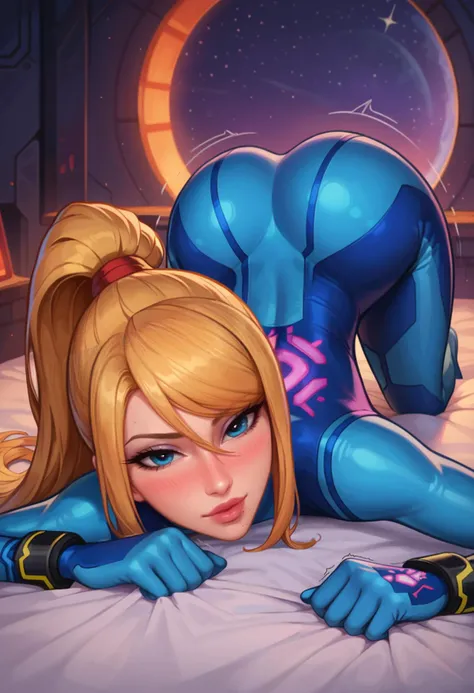 score_9, score_8_up, score_7_up, BREAK, 1girl, solo, Samus Aran, bodysuit, big lips, full lips, aroused, blushing, mature, ponytail, laying on bed, Sci-Fi bedroom with window showing dark space filled with stars, head down ass up, shaking ass, big ass, wide hips, narrow waist, action lines, motion lines, looking at viewer, volumetric lighting, <lora:princess_xl_v2:0.7> <lora:add-detail-xl:1> <lora:Kittew-4RCH0N:0.7> <lora:RoccoV1:0.4>