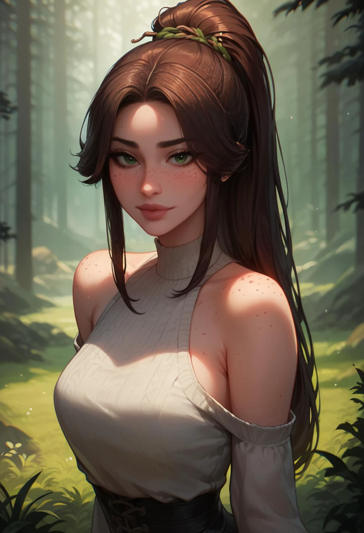 score_9, score_8_up, score_7_up, score_6_up, source_anime, BREAK, dense pine forest, tall grass, depth of field, volumetric lighting, cinematic lighting, 1girl, full lips, round lips, freckles, long brunette ponytail, pale green eyes, seductive eyes, peasant clothing, attractive pose, looking at viewer, <lora:Expressive_H:0.5> <lora:Kittew-4RCH0N:0.5> <lora:princess_xl_v2:0.7> <lora:RoccoV1:0.5>