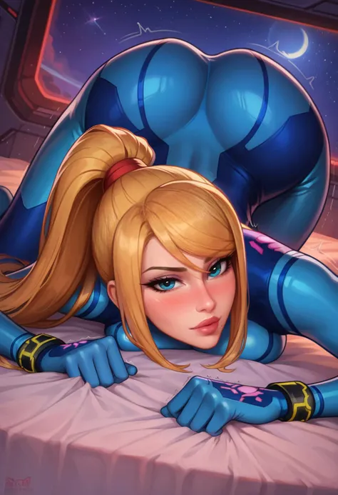 score_9, score_8_up, score_7_up, BREAK, 1girl, solo, Samus Aran, bodysuit, big lips, full lips, aroused, blushing, mature, ponytail, laying on bed, Sci-Fi bedroom with window showing dark space filled with stars, head down ass up, shaking ass, big ass, wide hips, narrow waist, action lines, motion lines, looking at viewer, volumetric lighting, <lora:princess_xl_v2:0.7> <lora:add-detail-xl:1> <lora:Kittew-4RCH0N:0.7> <lora:RoccoV1:0.4>
