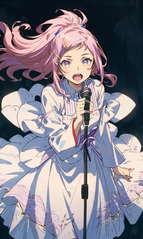 (singing:1.5), ((masterpiece)), (((best quality))), ((best detailed)), ((illustration)), depth of field, (solo:1.5), (grand:1.2),
(1girl), loot at the viewer, , ((clear face,beautiful detailed eyes,tsurime,purple eyes,)), (detailed hair, pink hair, messy hair, high ponytail, floating hair), happy, ((fantasy cloth, white Evening gowns, intricated filigree)),  long sleeves, floating sleeve, robe,  (red feather), (holding microphone:1.5),(leaning forward:1.15),