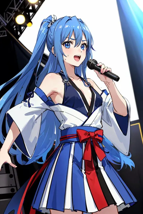 masterpiece, best quality,
<lora:kazanariTsubasaSenki_v10:0.2>,((kazanari tsubasa)), flat chest, side ponytail,blue hair, straight hair, long hair, grey blue eyes,
(((on stage))), live house, stage, ((singing)), ((happy)), ((flying sweatdrops)), (japanese clothes), japanese idol, long skirt, detached sleeves, ((laughing)),