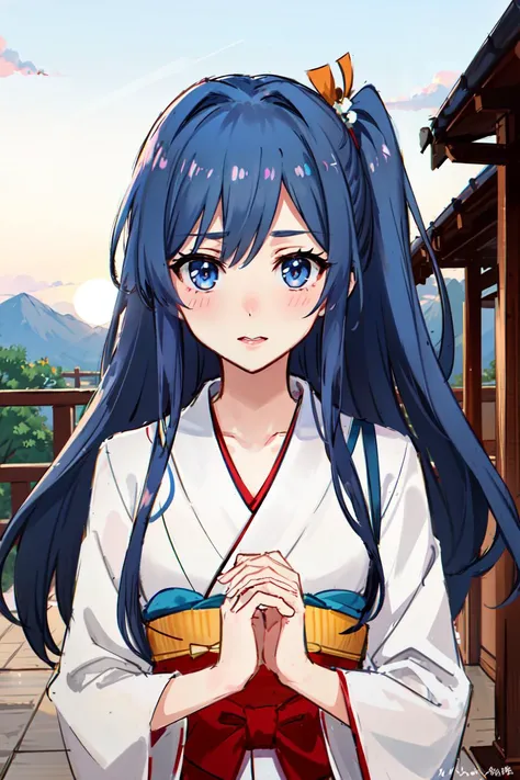 masterpiece, best quality,
<lora:kazanariTsubasaSenki_v10:0.1>,((kazanari tsubasa)), flat chest, side ponytail, blue hair, straight hair, long hair, grey blue eyes,
sunset, orange sky, blush, (((shy))), japanese garden, , windy, upper body, japanese wedding kimono, uchikake, wedding kimono, red lips,happy, wedding,white kimono,