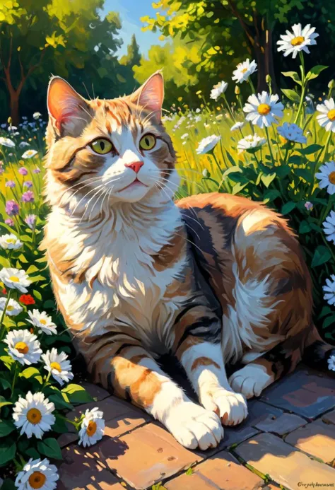 professional painting by Claude Monet of a cat laying under sunlight. The cat has relaxed expression. There are pretty flowers around. It is spring evening time and clear weather. Smooth focus on the cat, dynamic pose, dynamic background, dynamic composition, dynamic lighting, realistic proportions, intricate details, 16k resolution, hdr, raytracing.