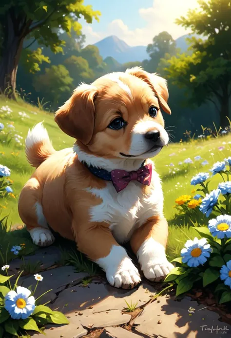 professional painting by Ted Nasmith of a puppy laying under sunlight. The puppy has relaxed expression and is wearing a small silk bowtie. There are pretty flowers around. It is spring morning time and clear weather. Smooth focus on the puppy, dynamic pose, dynamic background, dynamic composition, dynamic lighting, realistic proportions, intricate details, 16k resolution, hdr, raytracing.