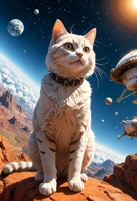 professional photo by Yousuf Karsh of a cat as an astronaut. There are wonderful extraterrestrial planescapes in the background. It is spring morning time and clear weather. Smooth focus on the cat, dynamic pose, dynamic background, dynamic composition, dynamic lighting, realistic proportions, intricate details, 16k resolution, ultra realistic, photorealistic, hdr, raytracing.