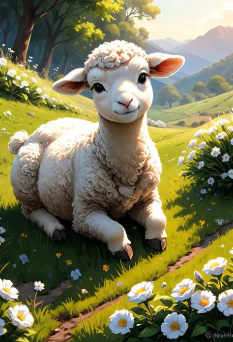 professional painting by Ted Nasmith of a lamb laying under sunlight. The lamb has relaxed expression and is wearing a small silk bowtie. There are pretty flowers around. It is spring morning time and clear weather. Smooth focus on the lamb, dynamic pose, dynamic background, dynamic composition, dynamic lighting, realistic proportions, intricate details, 16k resolution, hdr, raytracing.