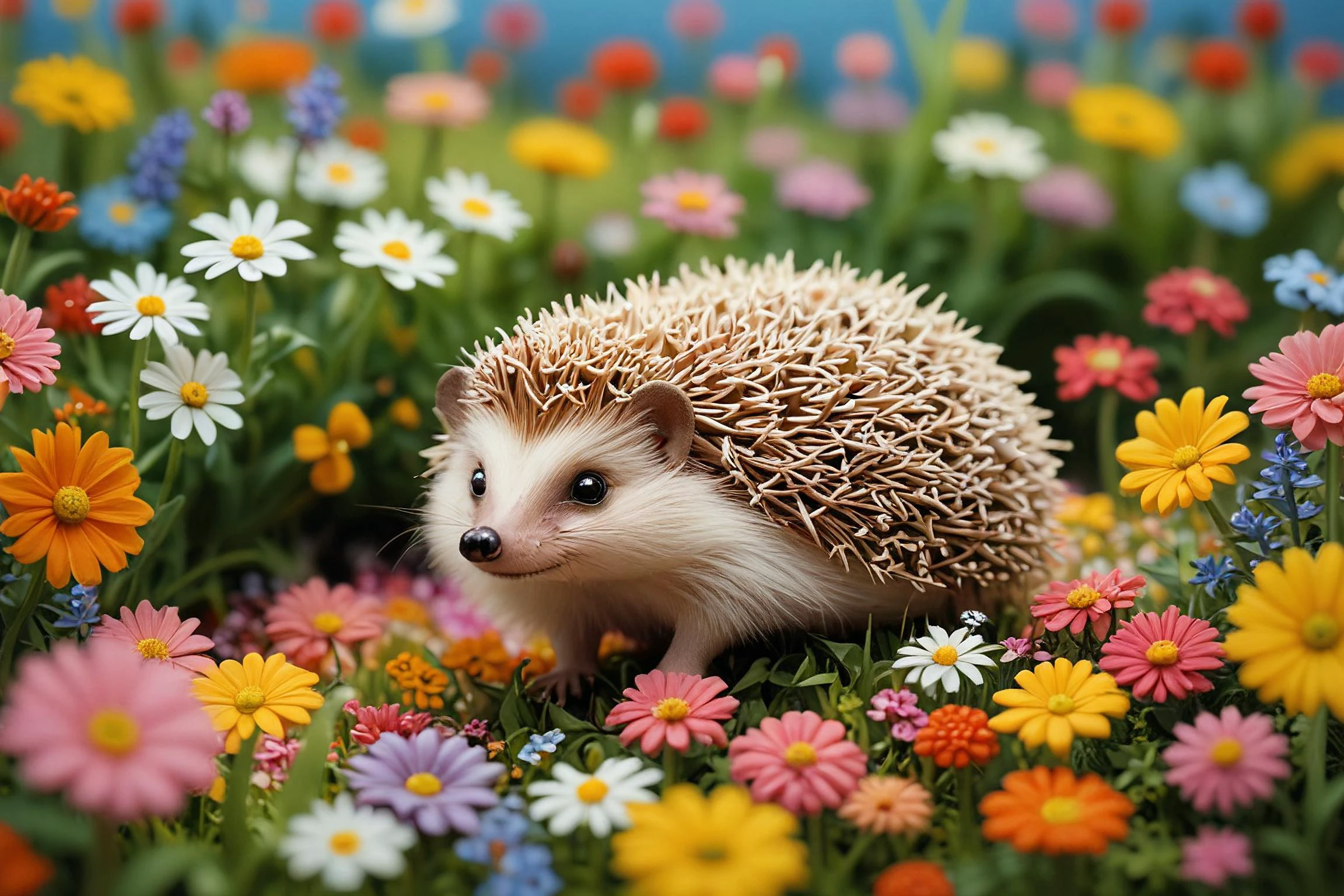 Debbie Criswell,Hyperpop,tilt shift,Direct light,
A hedgehog is surfing on a sea of flowers,<lora:PAseer-SDXL-AcceleratorLighting:1>,