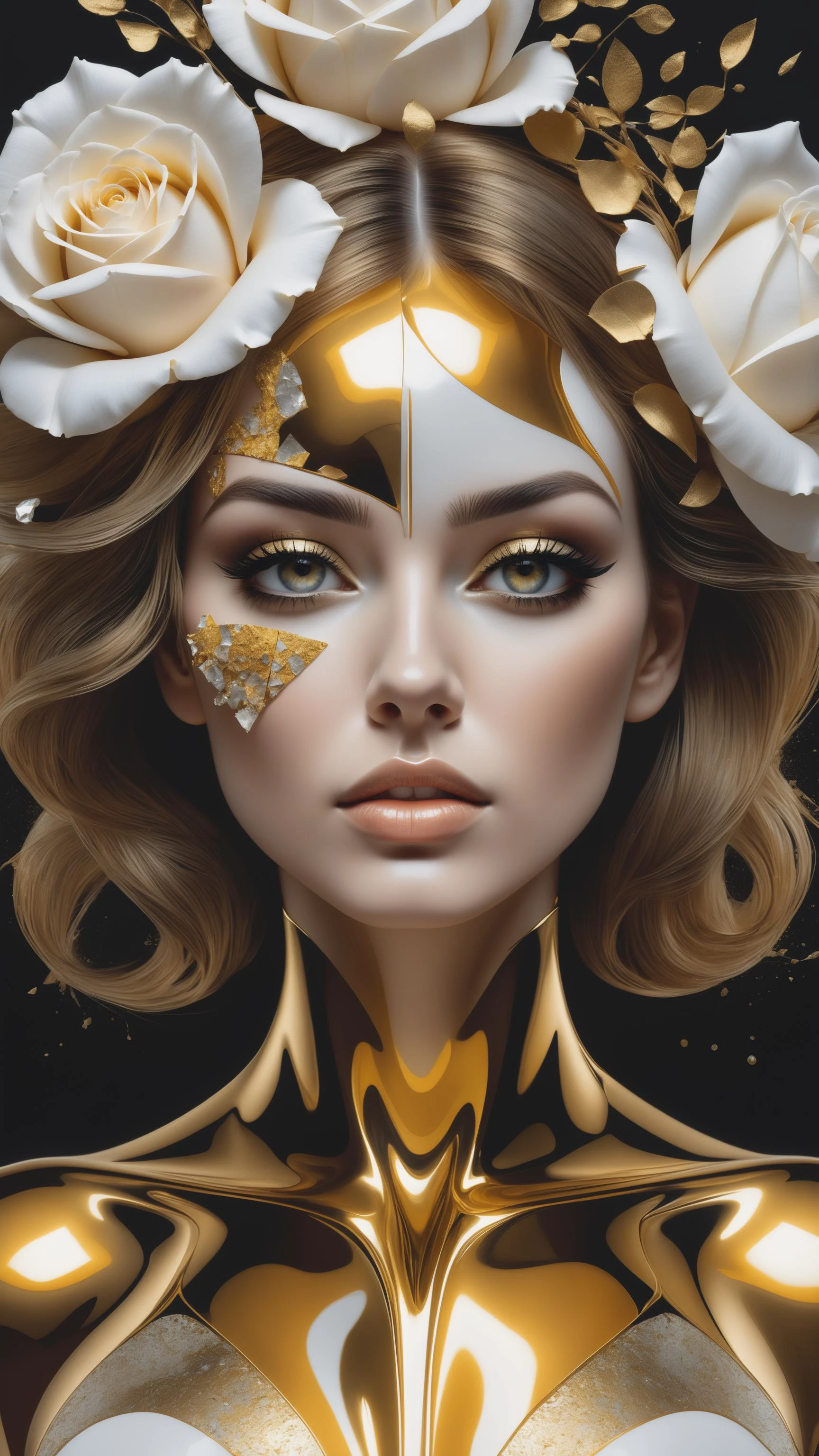 golden, ultra detailed artistic abstract photography of geometrical woman face, Beautiful white rose flower on the seashore, sunny day, white cumulus clouds, detailed symmetric circular iris, shattered paper fragments, natural body posture, art by alberto seveso, by guy denning, by johannes itten, by russ mills, by gustav klimt, Symmetrical, abstract art style, intricate complex watercolor painting, sharp eyes, Digital painting, color explosion, radiance, colorful, Concept art, volumetric lighting, metallic reflections, 8k, by artgerm, Trending on Artstation, 16k resolution, 300 dpi, 600 dpi, 4k, Contest winner, High definition, golden eyes, detailed, realistic, 8k uhd, high quality