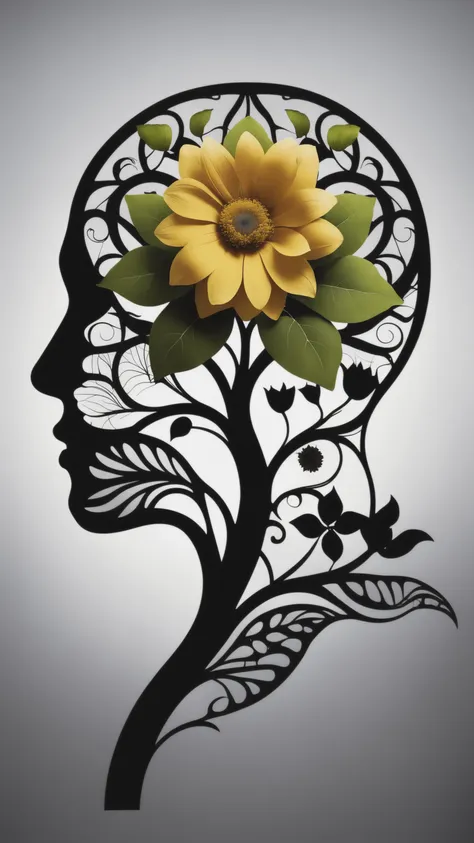 a silhouette of the outline of the brain blooming with vines and flowers by (Igor Morski:1.2)