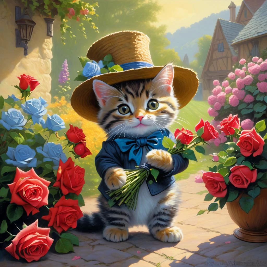 Ted Nasmith style painting of happy anthropomorphic kitten holding roses bouquet and wearing fancy hat surrounded by pretty flowers in summer morning BREAK (professional painting, dynamic pose, dynamic composition, dynamic lighting, realistic proportions, extreme detailed, intricate details, hdr, raytracing, ultra detailed, highly detailed atmosphere, highly detailed textures)