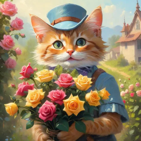 Anato Finnstark style painting of happy anthropomorphic kitten holding roses bouquet and wearing fancy hat surrounded by pretty flowers in summer morning BREAK (professional painting, dynamic pose, dynamic composition, dynamic lighting, realistic proportions, extreme detailed, intricate details, hdr, raytracing, ultra detailed, highly detailed atmosphere, highly detailed textures)