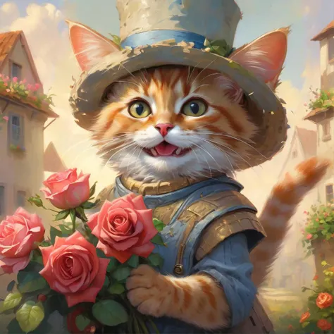 Ashley Wood style painting of happy anthropomorphic kitten holding roses bouquet and wearing fancy hat surrounded by pretty flowers in summer morning BREAK  (professional painting, dynamic pose, dynamic composition, dynamic lighting, realistic proportions, extreme detailed, intricate details, hdr, raytracing, ultra detailed, highly detailed atmosphere, highly detailed textures)