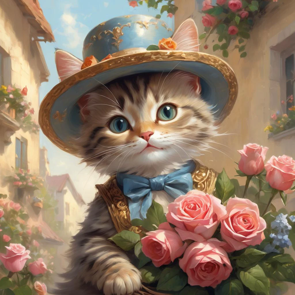 Anato Finnstark style painting of happy anthropomorphic kitten holding roses bouquet and wearing fancy hat surrounded by pretty flowers in summer morning BREAK (professional painting, dynamic pose, dynamic composition, dynamic lighting, realistic proportions, extreme detailed, intricate details, hdr, raytracing, ultra detailed, highly detailed atmosphere, highly detailed textures)