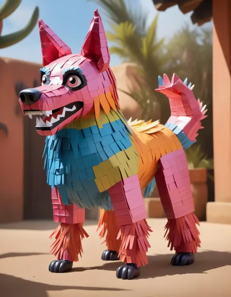 (masterpiece, best quality, high quality, highres), a pinata of a Medium Exotic Otherworldly Subdued Canine, Multipedal Single-Armed, Five-Fingered Hands, Single-Tailed, Short-Tailed, Metallic Skin, Dog Ears,