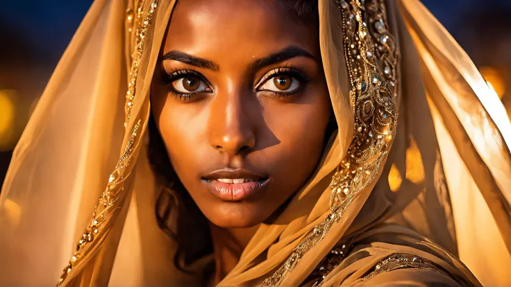 African tribe woman, work of art, Against the backdrop of the savannah, wet from the rain, hyperrealisti, Very dark skin, no profile, real photografic, portraits of a, wearing African design hijab in the desert, surrounded by sand dust splashindlg, sand dune in the background, night with glowing sand particles illuminating the scene, style artgerm, 32 mil, ultra HD, unreal mechanism rendered, imagem hyperrealisti, camara canon r6 objetivo 100mm 2.8f portrait 30 years old, diamond face, red starry sky background, Depth of field, magie, big red lips, ((dark and black eyes)) dress well, Thorax medium and covered with ornaments, mystical atmosphere, menacing shadows, intense blue aura, Intense red aura (best qualityer:1.2), absurderes, details Intricate, (highly detailed skin:1.2), smile expression, posando, tense and well-defined body, appealing. highly realistic, Brunette skin burned by the African sun, comely, Hyper-Realism, very elaborate skin, direct gaze, night sky, futurist, (work of art, ultra detaild, A high resolution) , I DON'T WANT HUMANS, There is a flow of energy, Very real scenario, clear shades of purple and blue, ultra details.