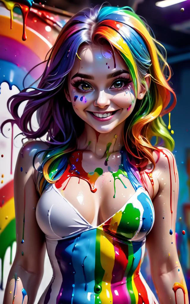 yamer style <lora:xl_yamer_style-2.0:0.6> Beautiful Girl, perfect slim body, nice fit ass, very tight waist, arched back, very nice firm tits, rainbow crazy long hairstyle, mischievous smiling, wearing skintight white mini dress, a lot of Spilled multicolored paint, rubbing the paint on her body, paint stains everywhere, funny scene, studio scene, studio professional lighting, dynamic angle shot