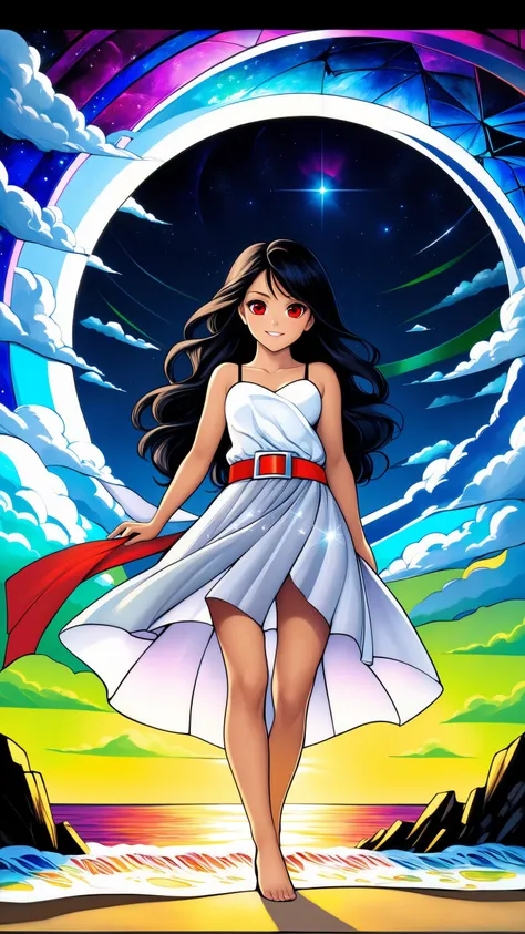 [(stained glass art stylized by Romero Britto:0.8) and Eugène Grasset:13], professional, fairy tale, 16-Bit, A change is gonna come, Gamma-ray burst background, split diopter, Hopeful, Goth Art, dramatic lighting, F/2.8, Primary Colors, 1girl, teen, (white camisole dress, red sash belt:1.5), (cute, sweet, smile, bare face, big eyes, open mouth:1.4), face closeup, black glitched hair, straight hair, long hair, cowboy shot, (dynamic pause, dynamic angle, walk on sandy beach, blue sky, white cloud, blue sea:1.3), japanese, japanese idol succubus, black eyes, (best quality, ultra high res, Realistic, RAW photo, portrait photography, photorealistic, detailed skin, fair skin, beautiful detailed eyes), neon lit broken glass in shape of woman, galactic canvas shattered hopes and dreams, crystalline breakage, cracks in the fabric of space, crystalline eyes, strokes of art, sharp edges and lines, artistic, neon colors, colorful, sharp, inter-dimensional cracks, limitless faults in the data, curved cracks, fragmented, breaking off, pieces of nature, fragments of destruction, fragments of dreams, story told in art, ultra detailed, intricate, masterpiece, best quality, detailed, highest quality, highest details, highres, vortex dream, cosmic color splash artwork, (opal chatoyance cloud background:1.2), trendy, wins awards, ultra HD, Panavision Millennium DXL2 8k, large format, 5K Super 35, true 4K anamorphic
