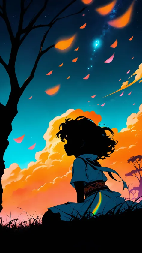 1girl, (from side), (silhouette:1.2), profile, big hair, masterpiece, best quality, light particle, depth of field, field, scenery, fantasy, indigo light, (far away:1.1), cute girl, midriff, tribal sash, pastel colors, chromatic aberration, glow in the dark dark, cloudy sky, space, orange aura, aura, cinematic, dark atmosphere, night, dark hole, glowing eyes, teal light, illumination, light rays, eye in the sky, (grass:0.9), falling petals, sitting, sitting under tree, orange-red sky, evening, orange lighting, cartoon