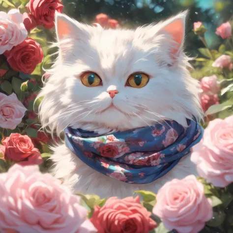professional enamel painting art of a cute persian cat wearing silk scarf and surrounded by roses. It is summer morning time and clear weather. cinematic focus on the cat, dynamic pose, dynamic background, dynamic composition, dynamic lighting, realistic proportions, hdr, raytracing, extreme detailed, ultra detailed, intricate details, highly detailed atmosphere, highly detailed textures.