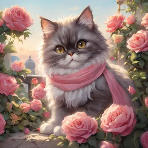 professional painting by of Alayna Lemmer of a cute persian cat wearing silk scarf and surrounded by roses. It is summer morning time and clear weather. cinematic focus on the cat, dynamic pose, dynamic background, dynamic composition, dynamic lighting, realistic proportions, hdr, raytracing, extreme detailed, ultra detailed, intricate details, highly detailed atmosphere, highly detailed textures.