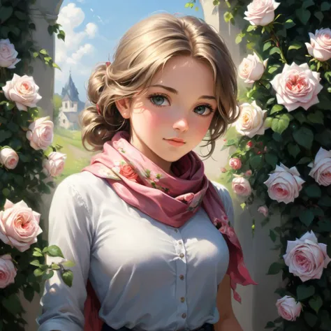 professional painting by Alayna Lemmer of a cute girl wearing silk scarf and surrounded by roses. It is summer morning time and clear weather. cinematic focus on the girl, dynamic pose, dynamic background, dynamic composition, dynamic lighting, realistic proportions, hdr, raytracing,  extreme detailed, ultra detailed, intricate details, highly detailed atmosphere, highly detailed textures.