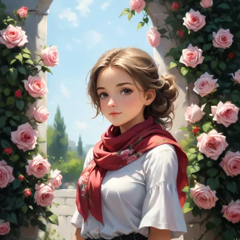 professional painting by Alayna Lemmer of a cute girl wearing silk scarf and surrounded by roses. It is summer morning time and clear weather. cinematic focus on the girl, dynamic pose, dynamic background, dynamic composition, dynamic lighting, realistic proportions, hdr, raytracing, extreme detailed, ultra detailed, intricate details, highly detailed atmosphere, highly detailed textures.