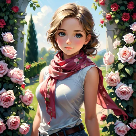 professional painting by Alayna Lemmer of a cute girl wearing silk scarf and surrounded by roses. It is summer morning time and clear weather. cinematic focus on the girl, dynamic pose, dynamic background, dynamic composition, dynamic lighting, realistic proportions, hdr, raytracing, extreme detailed, ultra detailed, intricate details, highly detailed atmosphere, highly detailed textures.