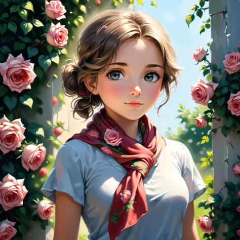 professional painting by Alayna Lemmer of a cute girl wearing silk scarf and surrounded by roses. It is summer morning time and clear weather. cinematic focus on the girl, dynamic pose, dynamic background, dynamic composition, dynamic lighting, realistic proportions, hdr, raytracing, extreme detailed, ultra detailed, intricate details, highly detailed atmosphere, highly detailed textures.