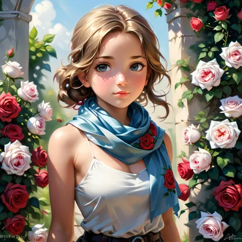 professional painting by Alayna Lemmer of a cute girl wearing silk scarf and surrounded by roses. It is summer morning time and clear weather. cinematic focus on the girl, dynamic pose, dynamic background, dynamic composition, dynamic lighting, realistic proportions, hdr, raytracing, extreme detailed, ultra detailed, intricate details, highly detailed atmosphere, highly detailed textures.