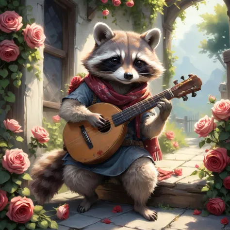 professional painting by Alayna Lemmer of a racoon playing lute. The racoon is wearing silk scarf and surrounded by roses. It is summer morning time and clear weather. cinematic focus on the racoon, dynamic pose, dynamic background, dynamic composition, dynamic lighting, realistic proportions, hdr, raytracing,  extreme detailed, ultra detailed, intricate details, highly detailed atmosphere, highly detailed textures.