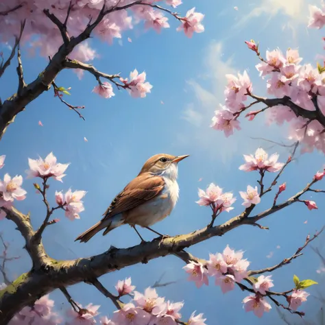 professional painting by Alayna Lemmer of a nightingale singing in a sakura tree. It is spring morning time and clear weather. cinematic focus on the nightingale, dynamic pose, dynamic background, dynamic composition, dynamic lighting, realistic proportions, hdr, raytracing, extreme detailed, ultra detailed, intricate details, ultra realistic, highly detailed atmosphere, highly detailed textures.