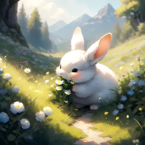 professional painting by Alayna Lemmer of a single cute bunny smelling a flower. It is spring morning time and clear weather. There is a field with pretty flowers in the background. cinematic focus on the cute bunny, dynamic pose, dynamic background, dynamic composition, dynamic lighting, realistic proportions, hdr, raytracing,  extreme detailed, ultra detailed, intricate details, ultra realistic, highly detailed atmosphere, highly detailed textures.